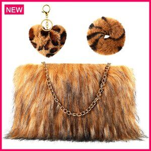 Faux Fur Handbag Set with Hair Tie & Keychain, Large Capacity 13.7x9.8x2 in